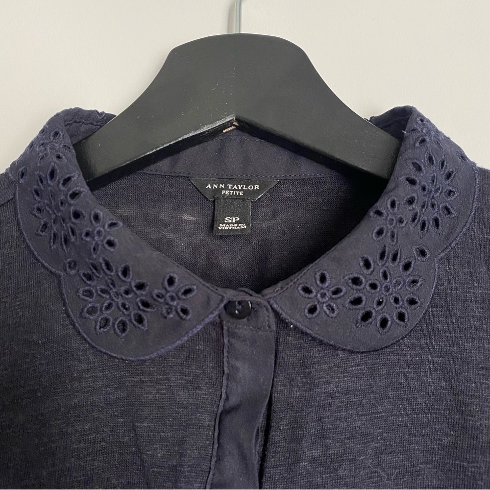 Ann Taylor Navy Scallop Eyelet Collar Blouse